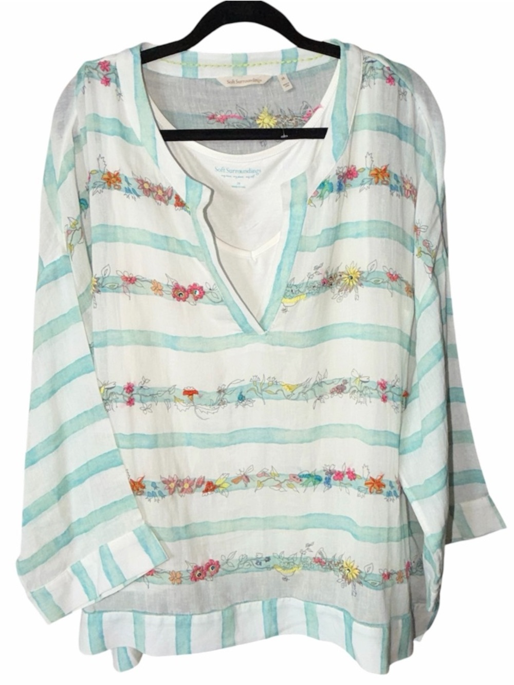 Soft Surroundings Teal Striped Floral Top & Cami Set Floral Cottagecore Sz 2X
